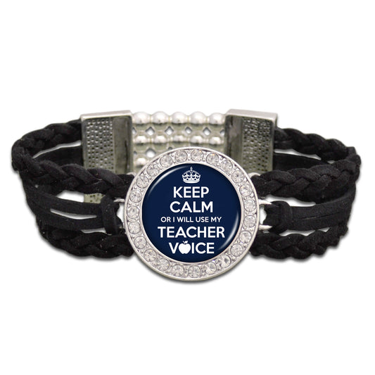 "Keep Calm Or I Will Use My Teacher Voice" Outdoors Suede Stretch Bracelet