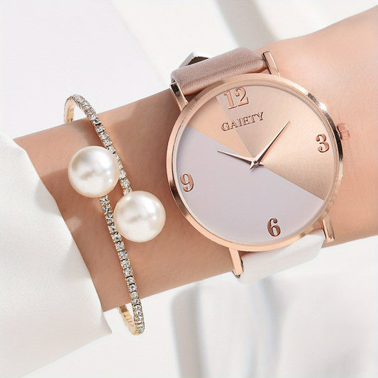 Minimalist Quartz Watch with PU Strap and Matching Bracelet