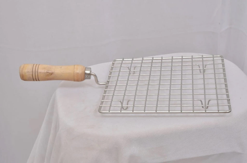 Kitchen Square Stainless Steel Roaster Papad Jali, Barbecue Grill with Wooden Handle