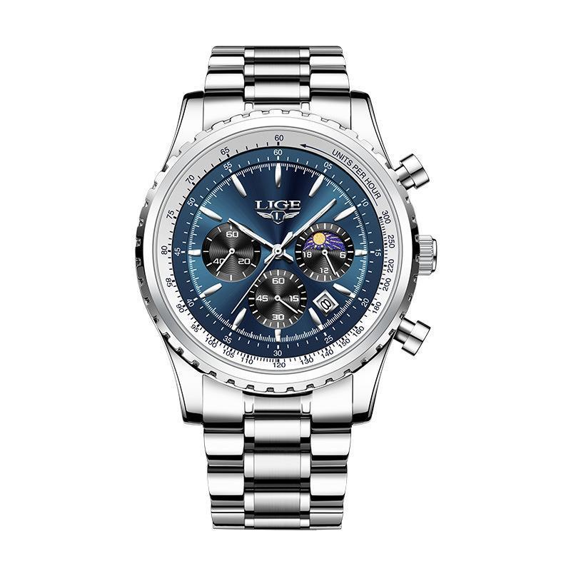 Lige Men's Quartz Watch Moon Phase Multifunctional Watch For Men 8989