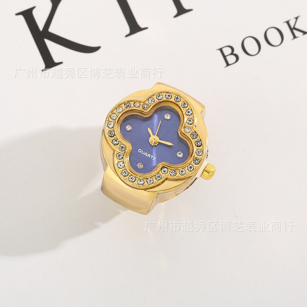 Luxury Four-Leaf Clover Ring Watch – Diamond Quartz Finger Watch