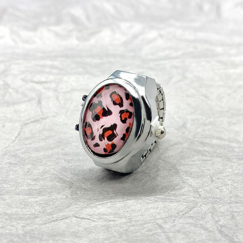 Leopard Print Flip Ring Watch – Retro Gemstone Quartz Finger Watch