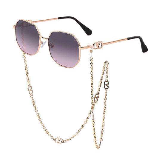 Trendy Women’s Sunglasses with Chain – Stylish Full-Frame Polygonal Shades