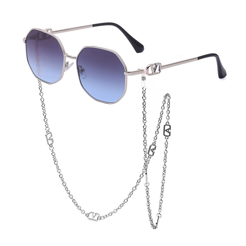 Trendy Women’s Sunglasses with Chain – Stylish Full-Frame Polygonal Shades