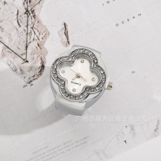 Luxury Four-Leaf Clover Ring Watch – Diamond Quartz Finger Watch