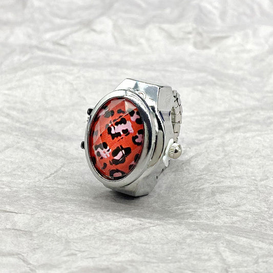 Leopard Print Flip Ring Watch – Retro Gemstone Quartz Finger Watch