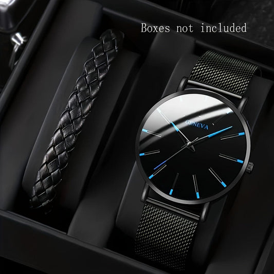 2-Piece Black Round Quartz Unisex Watch Set – PU Leather Strap & Bracelet