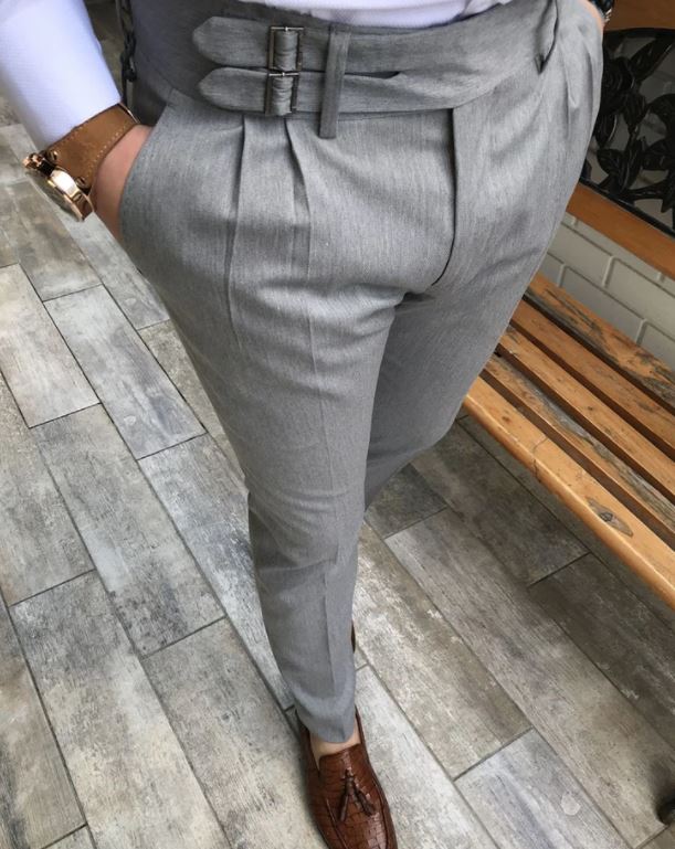 ASH GREY DOUBLE PLEATED BUCKLE GURKHA PANTS BY ATIIRE