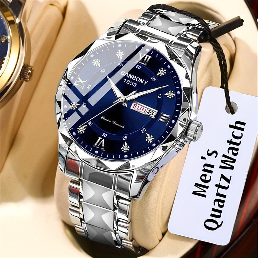Men's Stainless Steel Watch – Roman Markers, Crystal Accents, Glow-in-the-Dark Dial