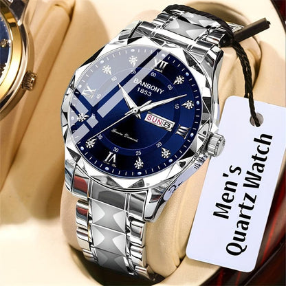 Men's Stainless Steel Watch – Roman Markers, Crystal Accents, Glow-in-the-Dark Dial