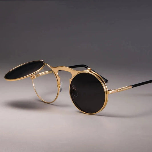 Vintage Steampunk Round Metal Frame Flip-Up Glasses