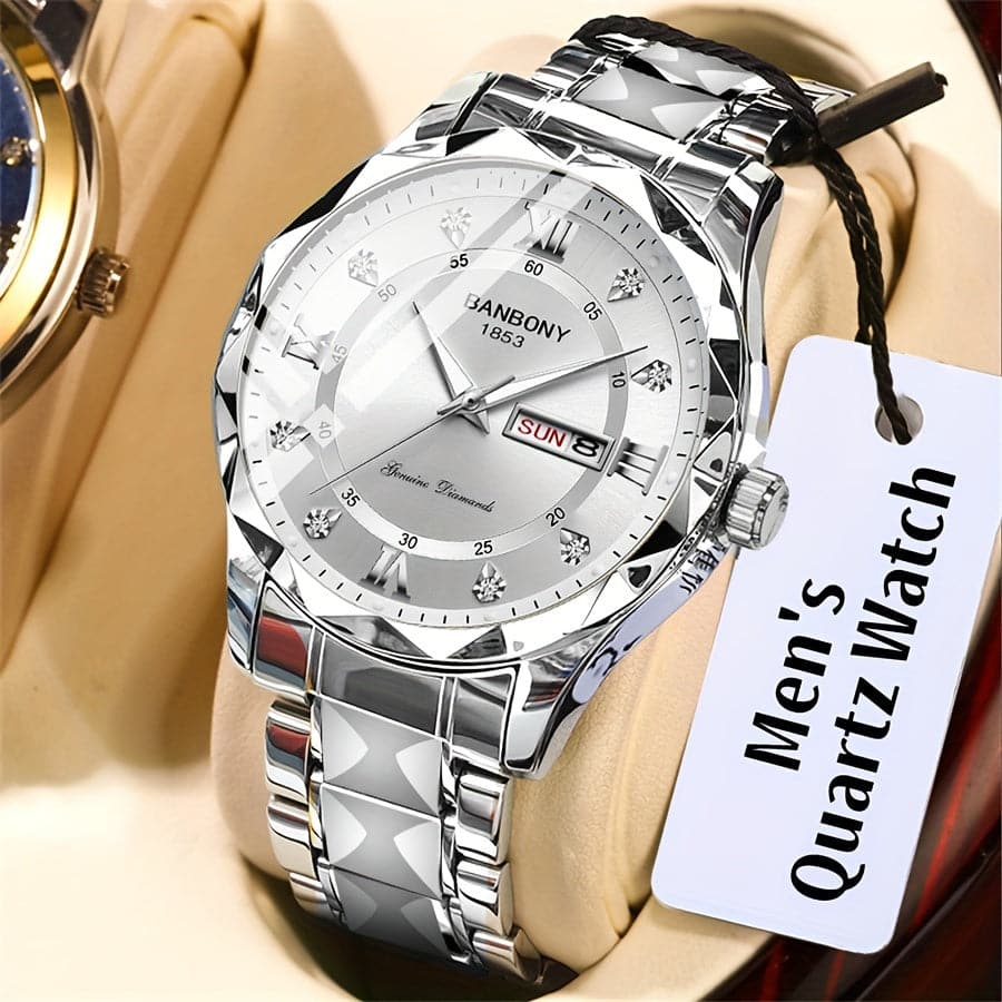Men's Stainless Steel Watch – Roman Markers, Crystal Accents, Glow-in-the-Dark Dial