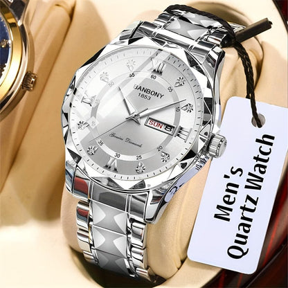 Men's Stainless Steel Watch – Roman Markers, Crystal Accents, Glow-in-the-Dark Dial