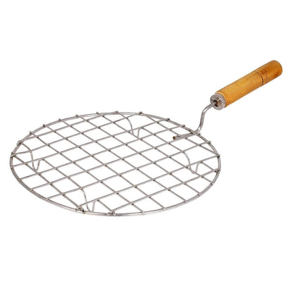 Kitchen Round Stainless Steel Roaster Papad Jali, Barbecue Grill with Wooden Handle 