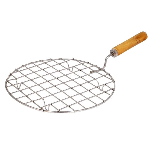Kitchen Round Stainless Steel Roaster Papad Jali, Barbecue Grill with Wooden Handle 
