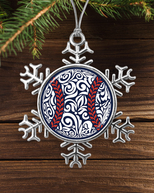 Baseball Fancy Swirl Snowflake Ornament