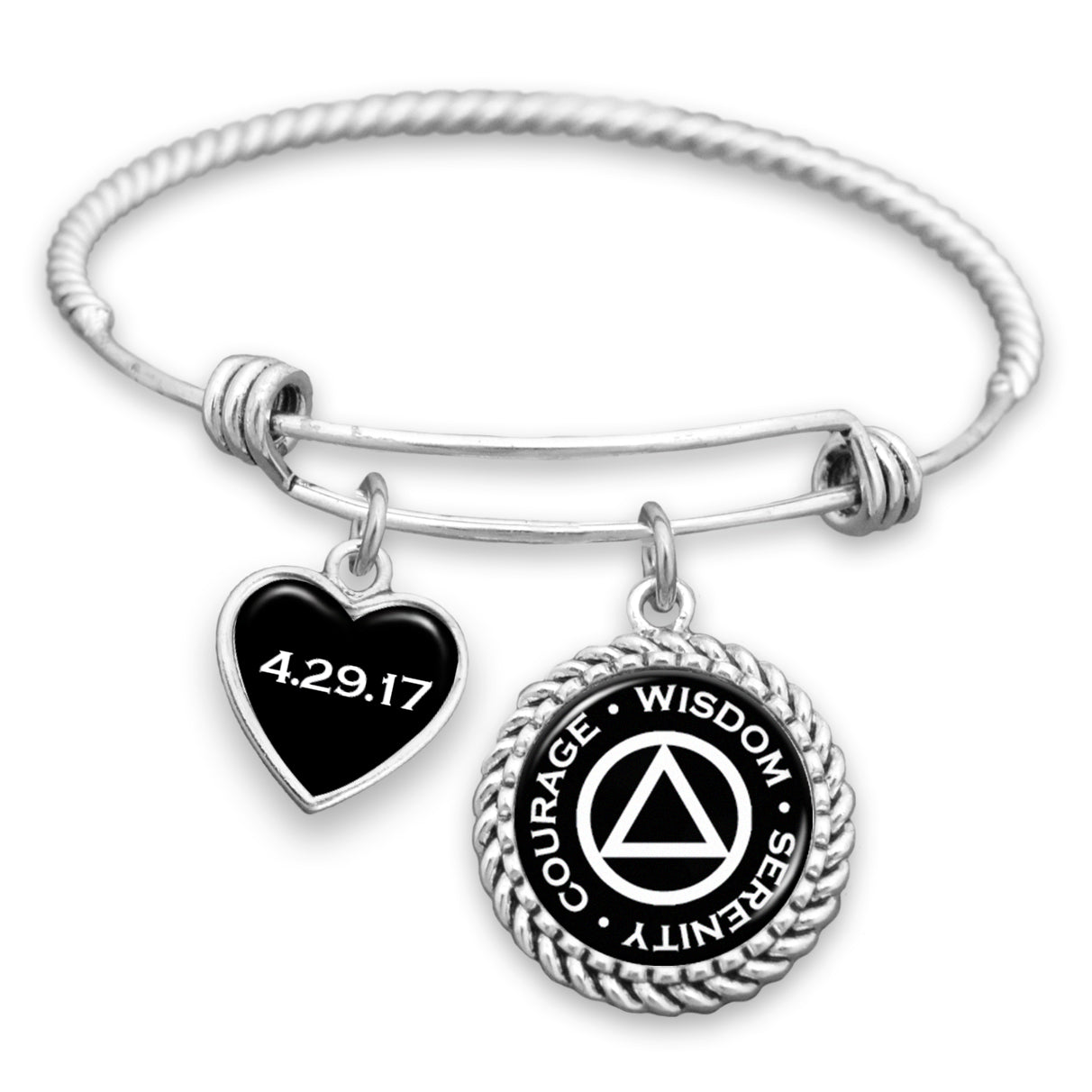 AA Serenity Courage Wisdom Personalized Sobriety Date Charm Bracelet