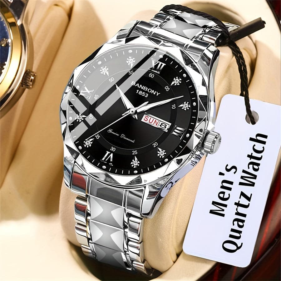 Men's Stainless Steel Watch – Roman Markers, Crystal Accents, Glow-in-the-Dark Dial