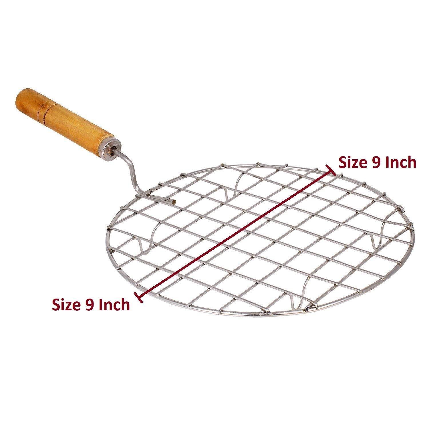 Kitchen Round Stainless Steel Roaster Papad Jali, Barbecue Grill with Wooden Handle 
