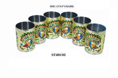 Peacock Design Glass with Handle and Handicraft Serving Tray Set