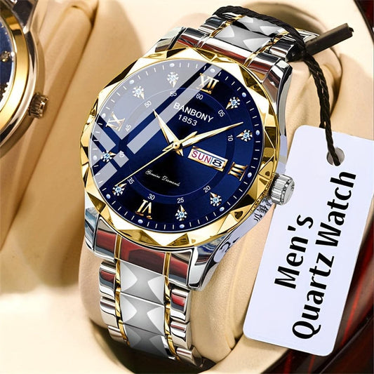 Men's Stainless Steel Watch – Roman Markers, Crystal Accents, Glow-in-the-Dark Dial