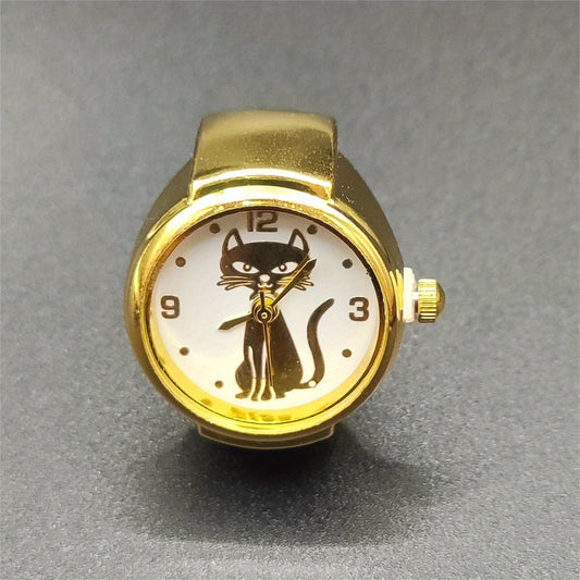 Cute Cartoon Cat Quartz Ring Watch – Unisex, Elastic, Gift Idea