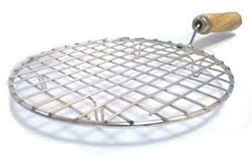 Kitchen Round Stainless Steel Roaster Papad Jali, Barbecue Grill with Wooden Handle 