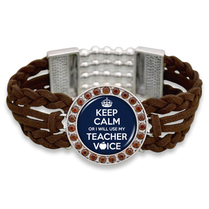 "Keep Calm Or I Will Use My Teacher Voice" Outdoors Suede Stretch Bracelet