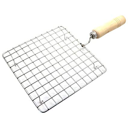 Kitchen Square Stainless Steel Roaster Papad Jali, Barbecue Grill with Wooden Handle 