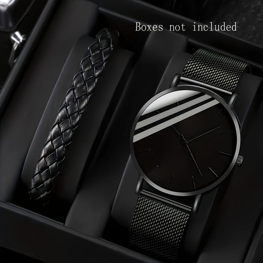 2-Piece Black Round Quartz Unisex Watch Set – PU Leather Strap & Bracelet