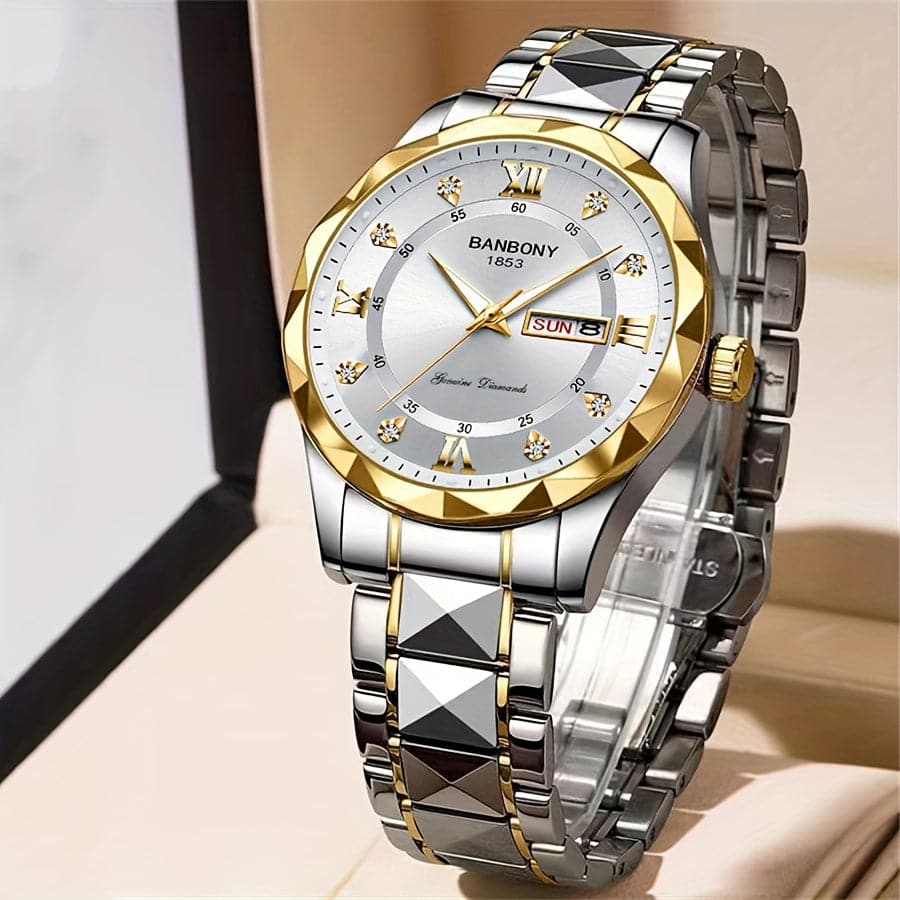 Men's Stainless Steel Watch – Roman Markers, Crystal Accents, Glow-in-the-Dark Dial
