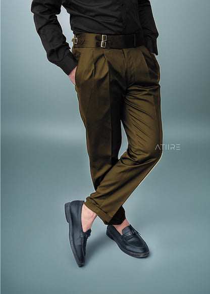 BROWN DOUBLE PLEATED BUCKLE GURKHA PANTS BY ATIIRE