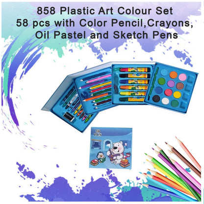 Plastic Art Colour Set 58 pcs with Color Pencil, Crayons, Oil Pastel and Sketch Pens 