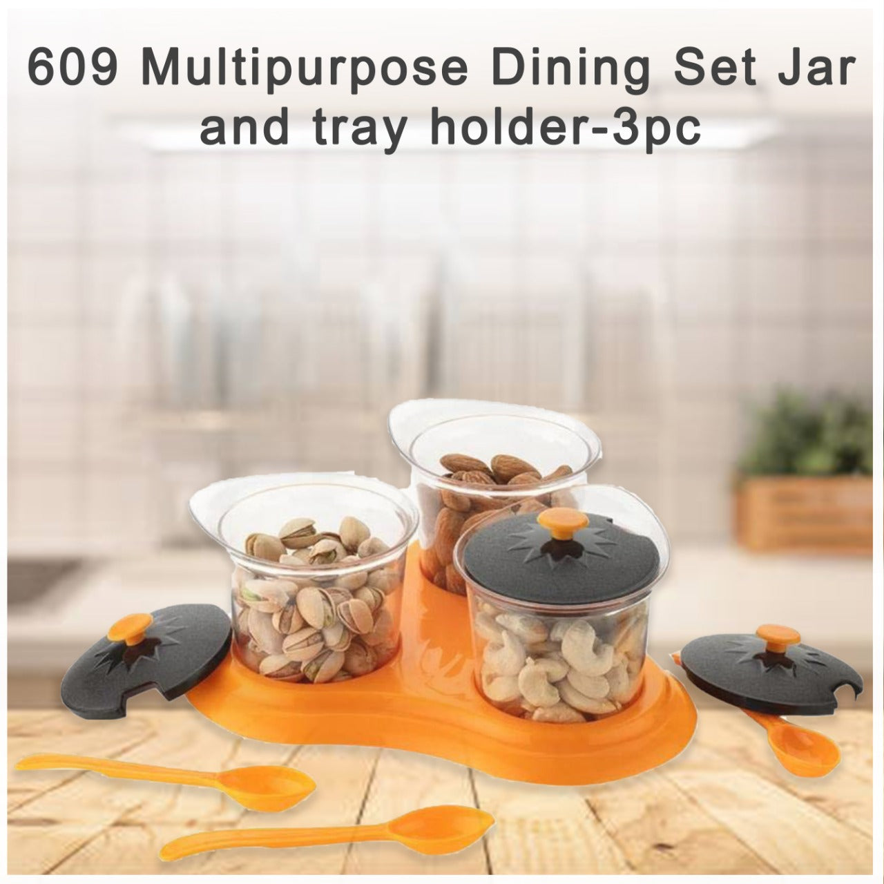 Multipurpose Dining Set Jar and tray holder, Chutneys/Pickles/Spices Jar - 3pc 