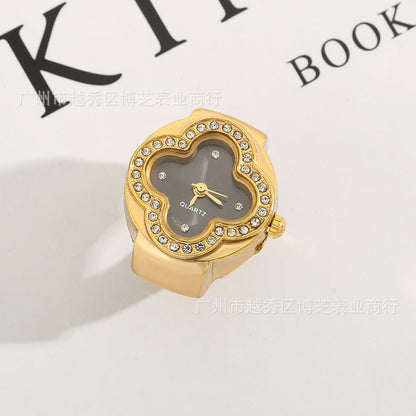 Luxury Four-Leaf Clover Ring Watch – Diamond Quartz Finger Watch