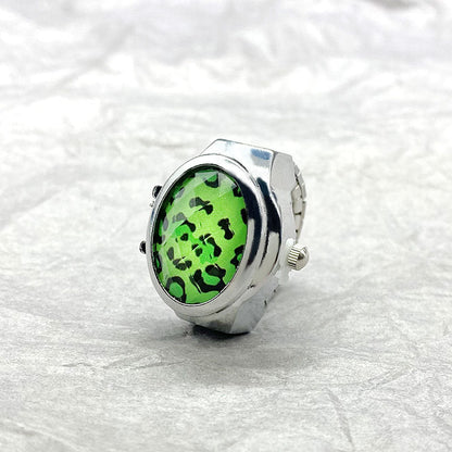 Leopard Print Flip Ring Watch – Retro Gemstone Quartz Finger Watch