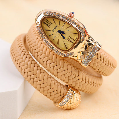 Women's Snake-Inspired Quartz Watch – Braided Leather Strap