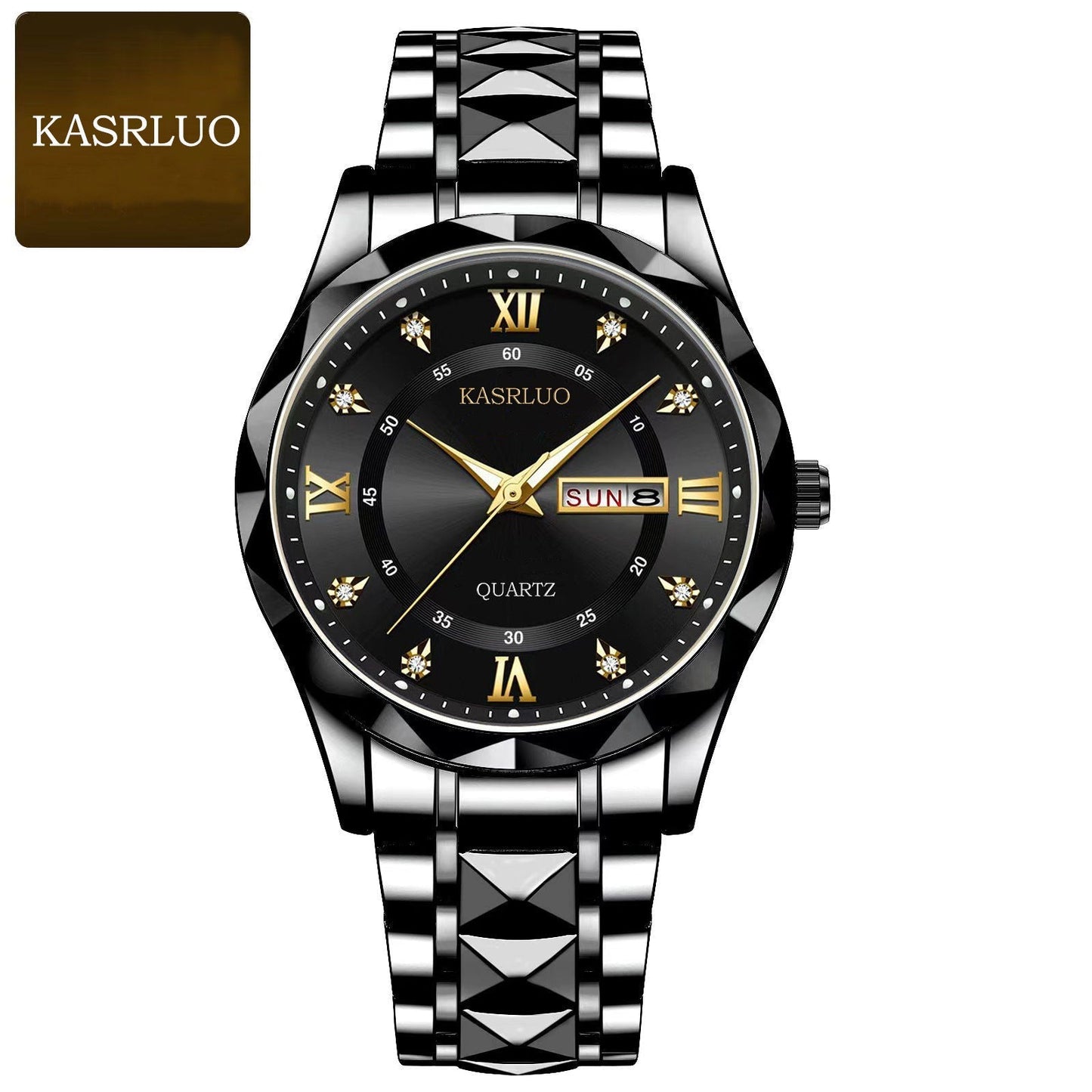 Men's Stainless Steel Watch – Roman Markers, Crystal Accents, Glow-in-the-Dark Dial