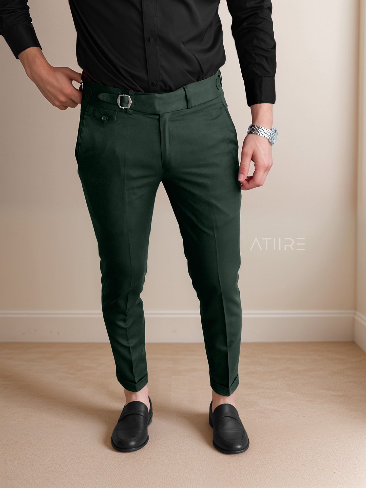 BOTTLE GREEN SINGLE PLEATED BUCKLE GURKHA PANTS BY ATIIRE