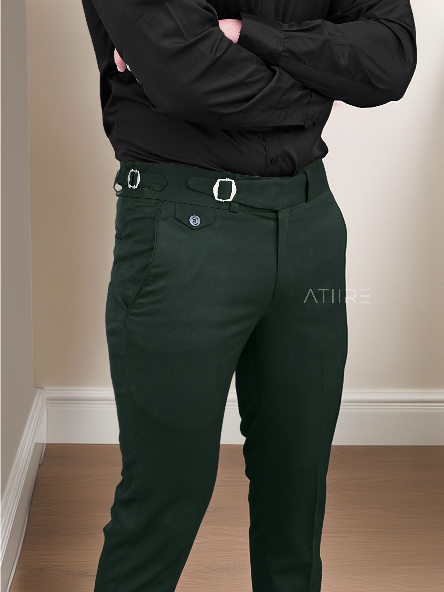 BOTTLE GREEN SINGLE PLEATED BUCKLE GURKHA PANTS BY ATIIRE