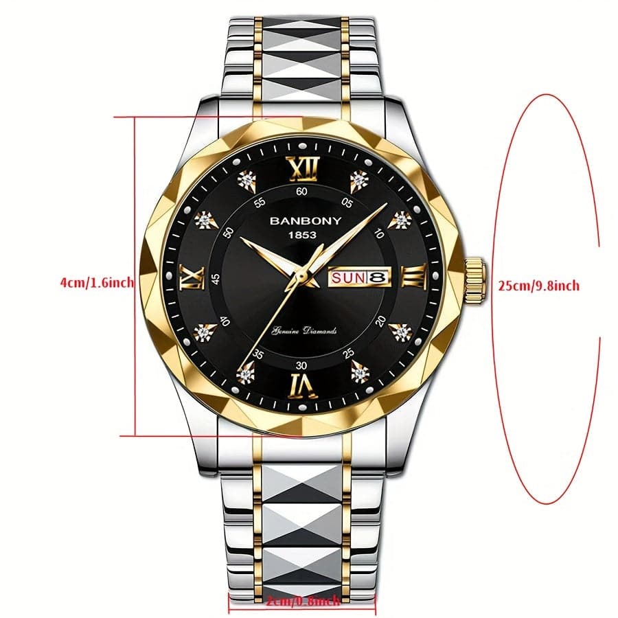 Men's Stainless Steel Watch – Roman Markers, Crystal Accents, Glow-in-the-Dark Dial