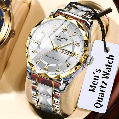 Men's Stainless Steel Watch – Roman Markers, Crystal Accents, Glow-in-the-Dark Dial