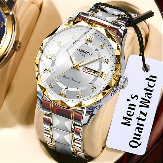 Men's Stainless Steel Watch – Roman Markers, Crystal Accents, Glow-in-the-Dark Dial